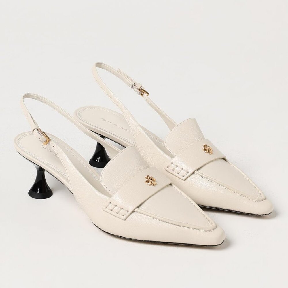 Tory Burch Logo Plaque Slingback Pumps 55mm US Size 7 New IVORY